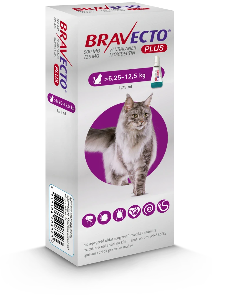 Bravecto Plus Cat spot-on 500 mg / 25 mg roztok pre veľké mačky (>6,25-12,5 kg)