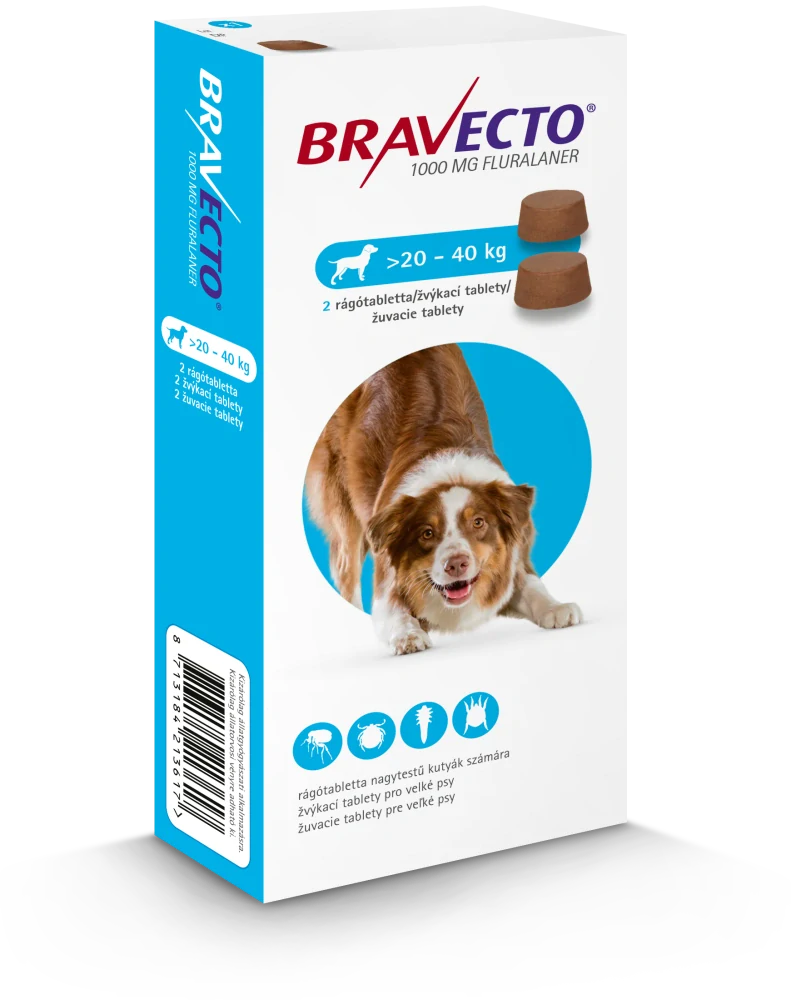 Bravecto Dog L 1000 mg žuvacie tablety pre veľké psy ( od 20 do 40 kg ), 2 tablety