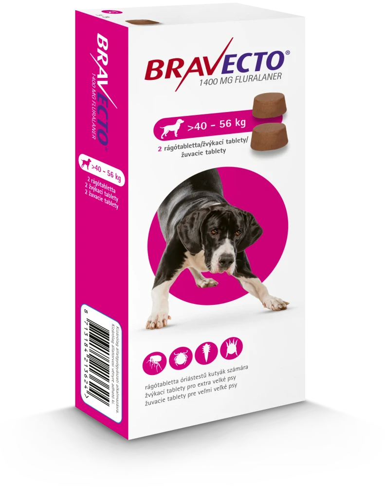 Bravecto Dog XL 1400 mg žuvacie tablety pre veľmi veľké psy ( od 40 do 56 kg ), 2 tablety