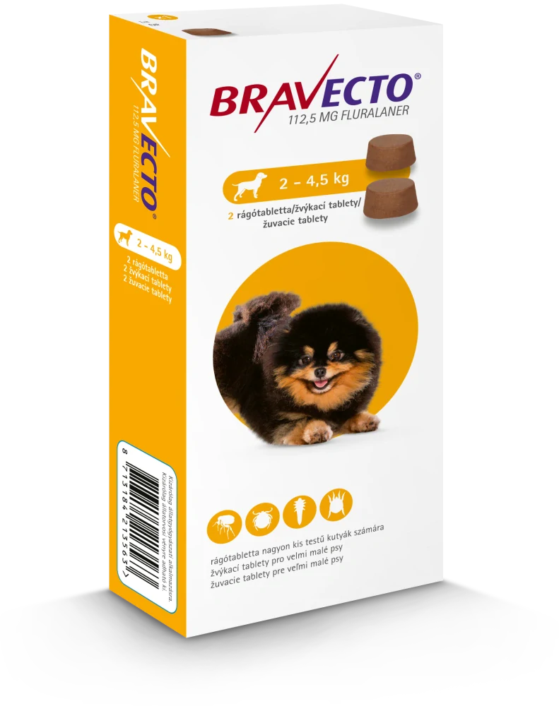 Bravecto Dog XS 112,5 mg žuvacie tablety pre veľmi malé psy ( od 2 do 4,5 kg ), 2 tablety