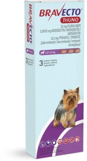 Bravecto TriUNO XXS žuvacie tablety pre psy (1,27-2,5 kg) 3 tbl.