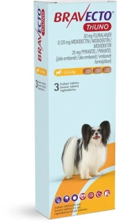 Bravecto TriUNO XS žuvacie tablety pre psy (> 2,5-5 kg) 3 tbl.
